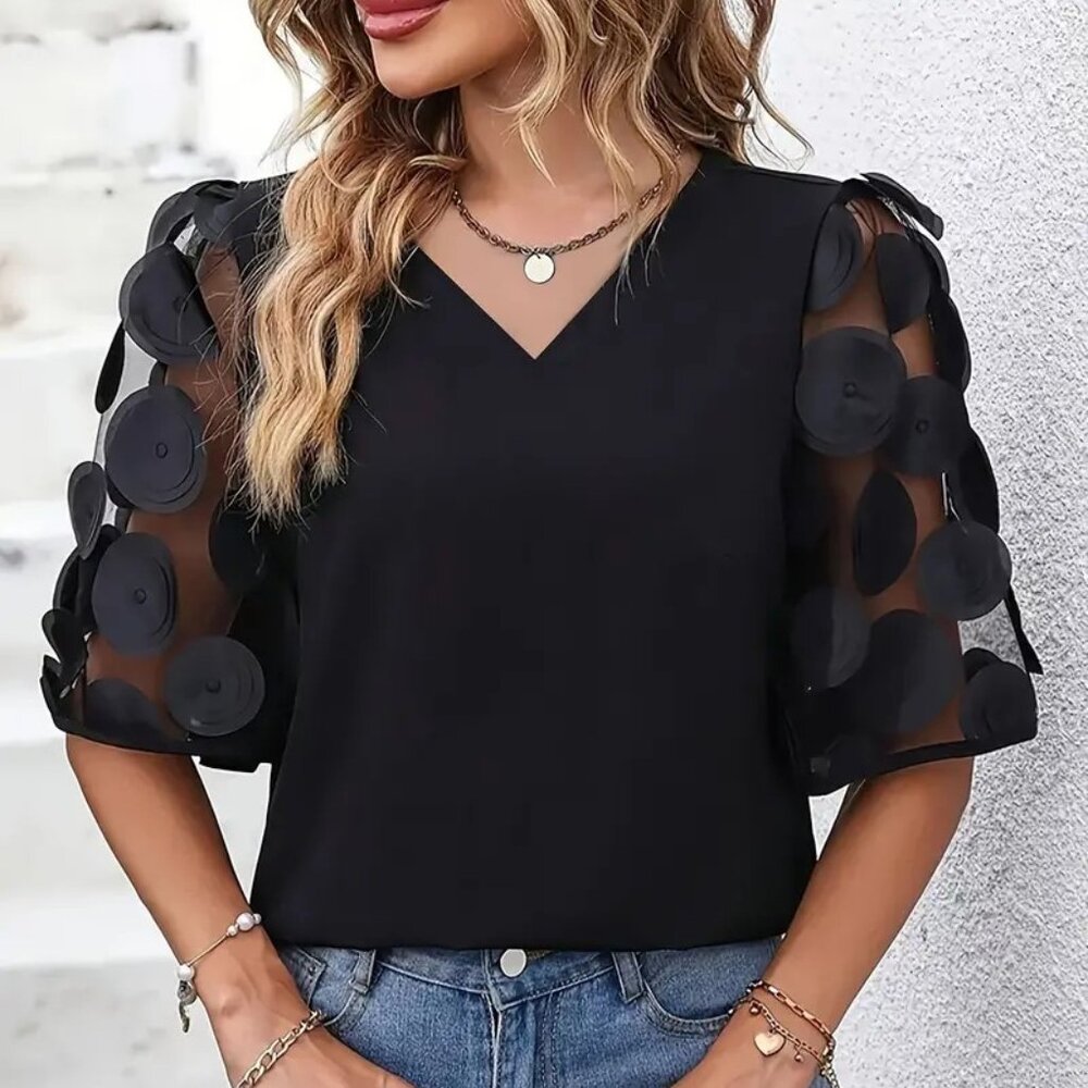 Patch V-neck Elegant Short Sleeve Top (Size:XXL-XL-L)